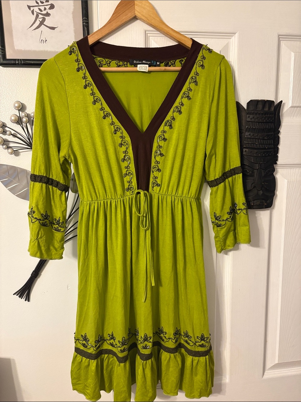 Embroidered Lime Green V-Neck Midi Dress with Contrast Trim